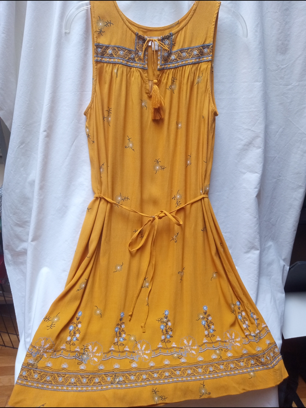 LOFT Mustard Yellow Sleeveless Embroidered Midi Dress